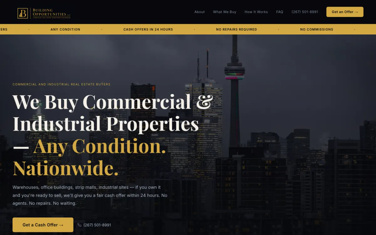 Building Opportunities commercial property acquisition website homepage