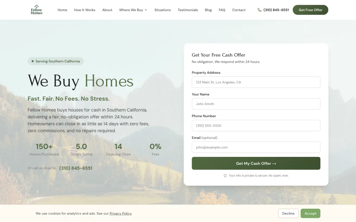 Fellow Homes cash home buyer website homepage