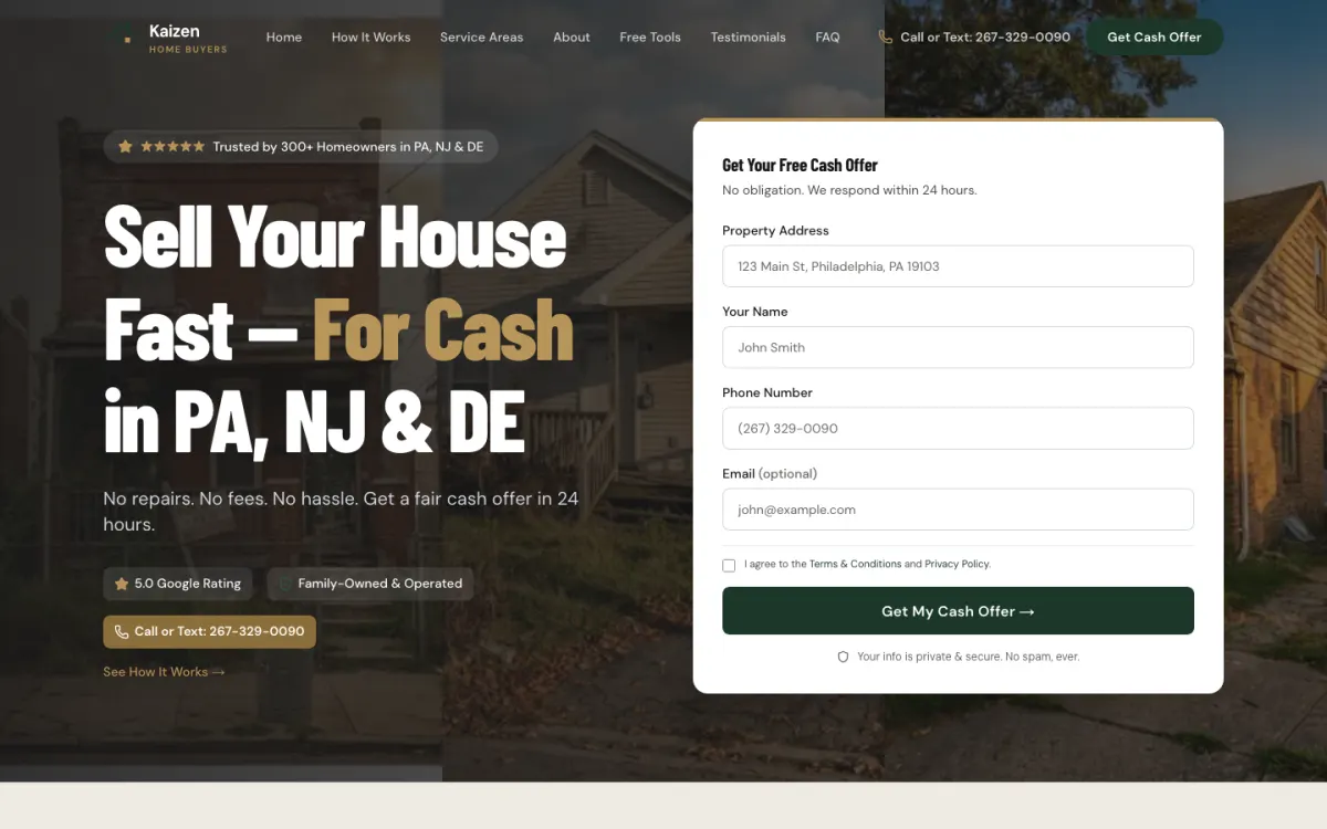 Kaizen Home Buyers cash home buyer website homepage