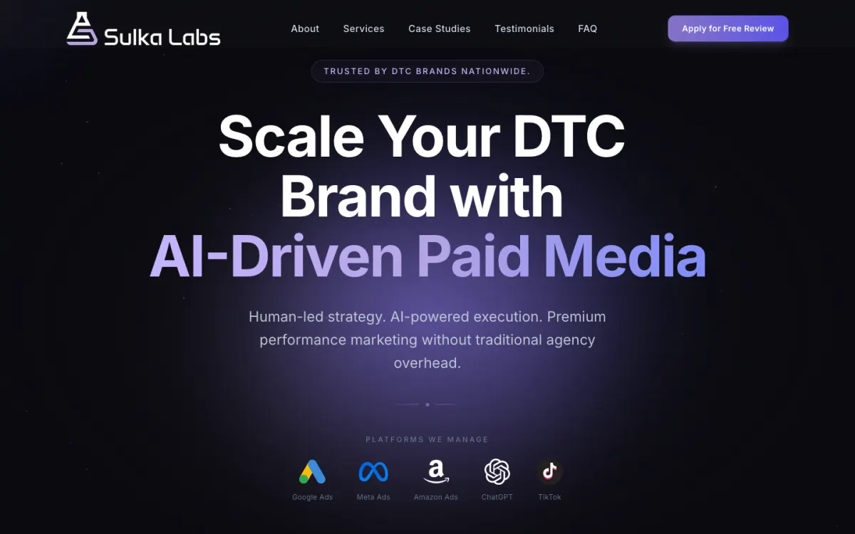 Sulka Labs performance marketing website homepage